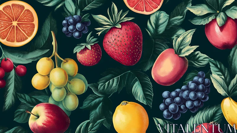 High-saturation botanical fruit pattern with detailed foliage rendering