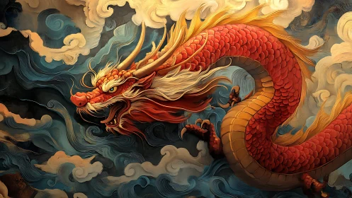 Crimson scaled dragon twisting through stormlit indigo clouds.