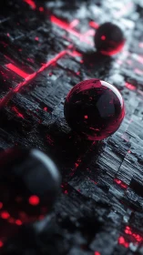 Red glass spheres rest on dark reflective circuit surface.