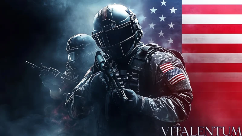 Two armored soldiers pose with rifles before US flag backdrop
