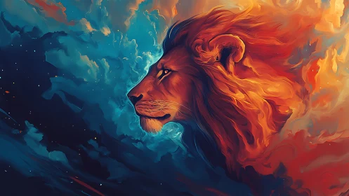 Majestic lion profile in swirling dual-tone nebula clouds.