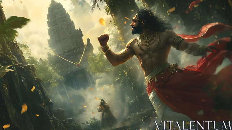 Warrior confronts jungle temple in golden storm light.