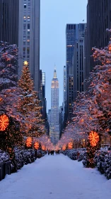 Snowlit city promenade crowned by a glowing winter spire.