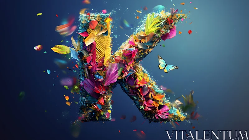 Volumetric letter K formed by explosive multicolor feather geometry