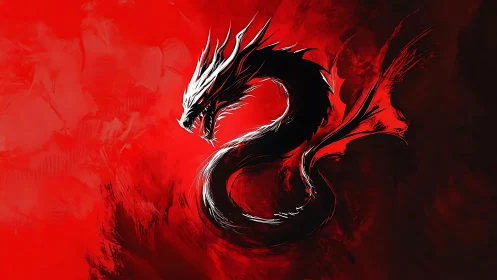 White-edged black dragon coils against vivid red inferno