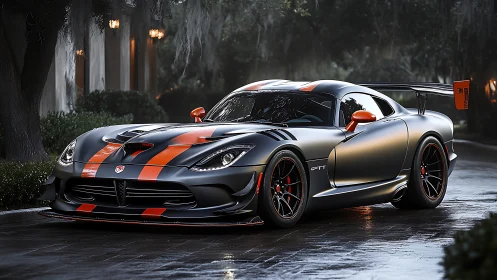 Matte black sports car with orange racing stripes at dusk.