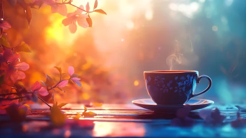 Sunlit floral teacup inviting a slow, comforting pause.