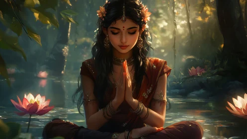Mystic woman meditates by lotus pond in glowing forest.