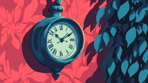 Vintage garden clock glowing softly against vivid leaves.