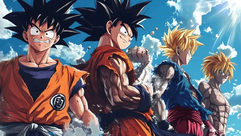 Anime character evolution lineup in dynamic heroic profile.