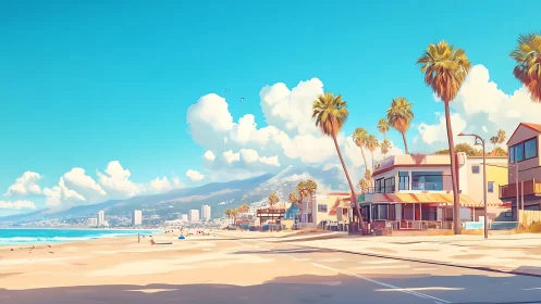 Sunlit coastal boulevard captures stylized contemporary beachfront