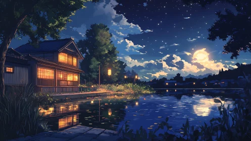 Moonlit riverside house balances warm lantern glow and starlit sky