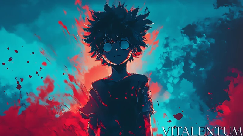 Silhouetted anime boy in blue and red explosive light.
