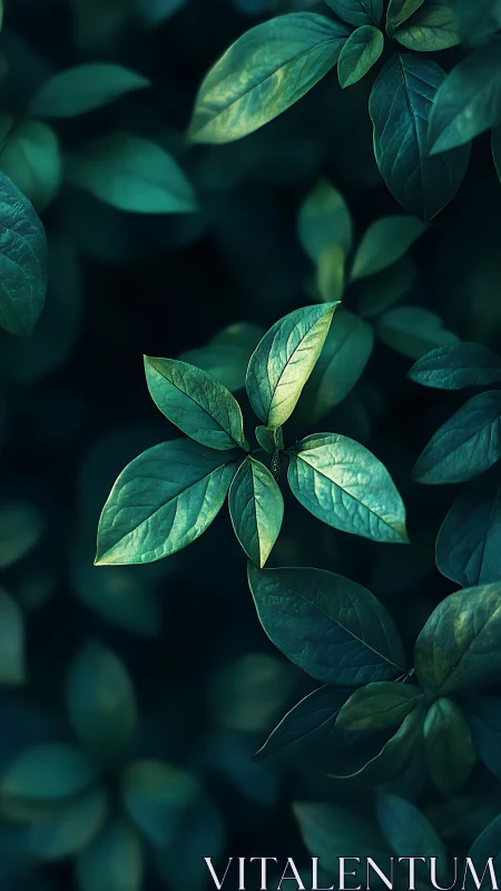 Gentle spotlight on tender green leaves in quiet shade.