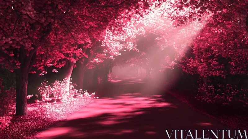 Rose-lit forest avenue where daylight wanders in petals.