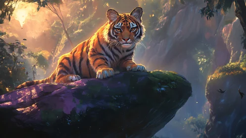 Young tiger resting on a sunlit jungle rock ledge.