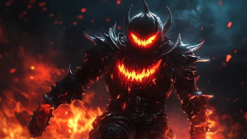 Infernal pumpkin warlord in black spiked armor amid firestorm