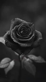 Monochrome macro study of dew-laden black rose bloom.