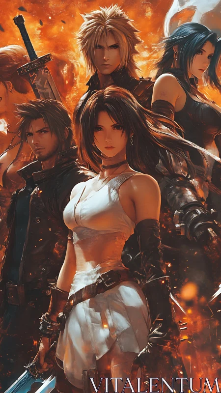 Heroic fantasy squad in dynamic flaming battlefield composition