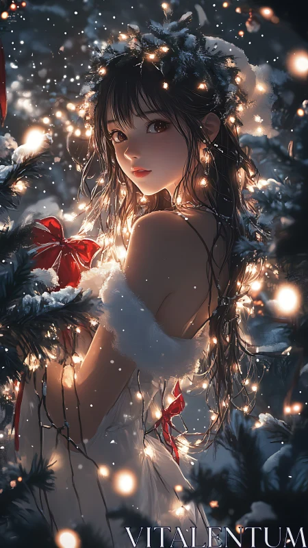 Luminous winter anime portrait with bokeh wreath illumination.