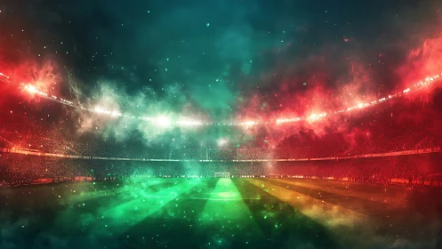 Floodlit football stadium with red and green atmospheric smoke.