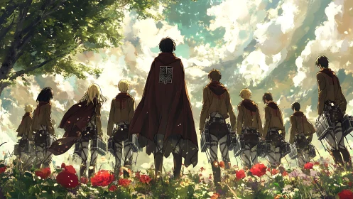 Scouting soldiers stride through flowers under brilliant sky.