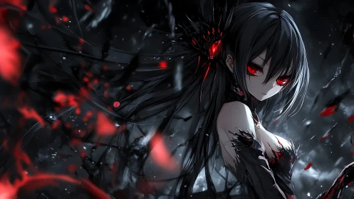 Dark anime sorceress with crimson eyes commands chaos.