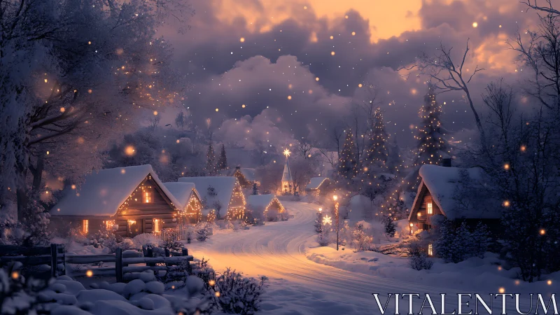 Snowlit village curve under ember-bright winter twilight.
