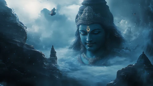 Colossal blue deity head emerges from misty mountain valley