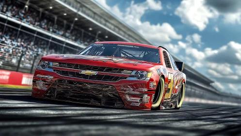 Red thunderstock slingshots low across the roaring speedway