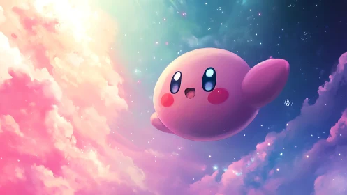Digital painting of floating pink mascot in luminous nebula sky.