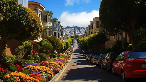 Hillside bloom and sunlit street cascading toward the bay.