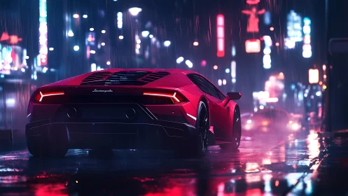 Neon drenched supercar idling on slick cyberpunk avenue.