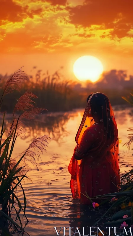 Woman stands in shallow water facing intense orange sunset