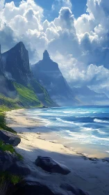 Dramatic Coastal Mountains and Sandy Beach Under Towering Clouds