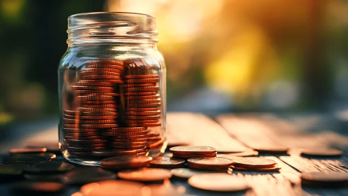 Glass jar filled with stacked coins on wooden outdoor table