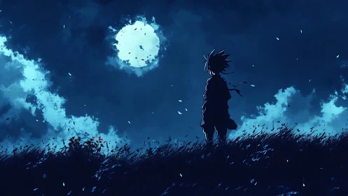 Lone anime boy stands in moonlit field under deep blue sky.