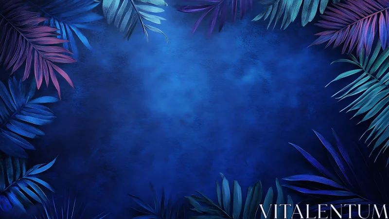 Midnight jungle leaves frame a luminous sapphire hush.