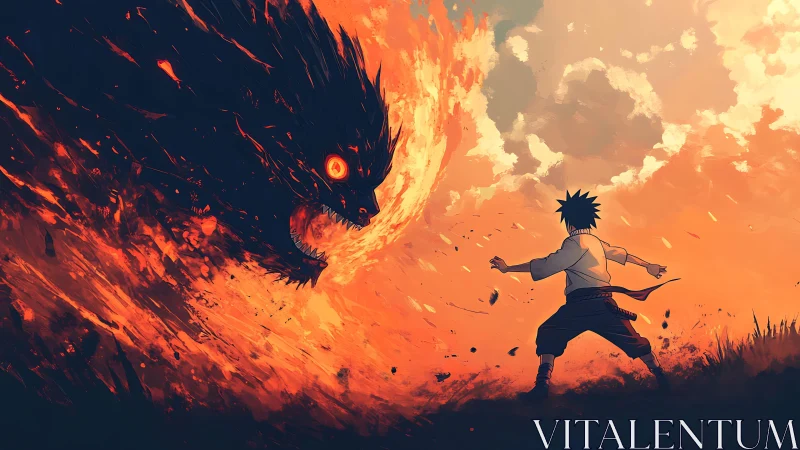 Human figure facing flaming beast in orange sky scene.