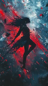 Digital painting of dynamic warrior silhouette in red storm.