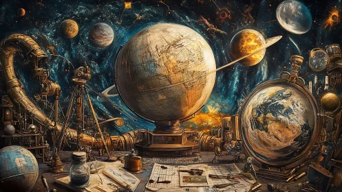 Steampunk orrery laboratory with celestial globe array composition.