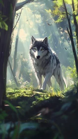 Wolf stands on forest clearing under strong directional light