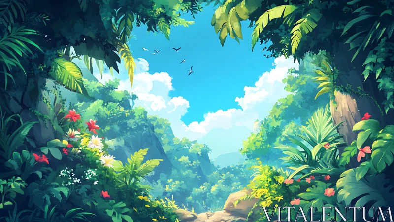 Luminous jungle canyon vista framed by vibrant flora.