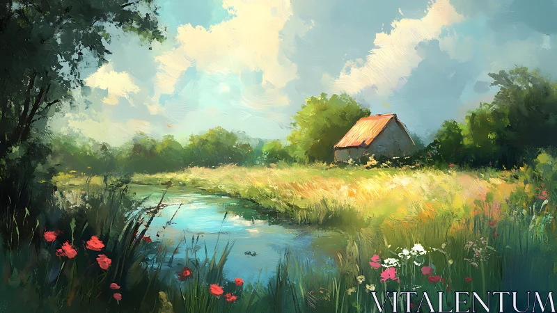 Impressionist meadow landscape with pond and rustic cottage.