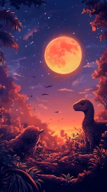 Dinosaur silhouettes under large orange moon at dusk.