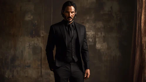 Man in black formal suit against textured studio backdrop.