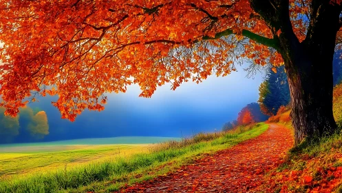 Fiery autumn tree frames misty meadow path at sunrise.