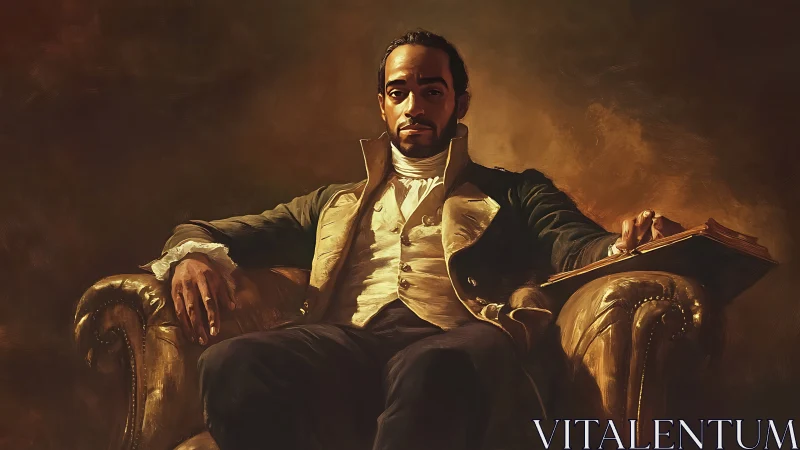 Regal gentleman in leather armchair holding open book.