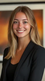 Professional portrait of woman in blazer, studio backdrop.