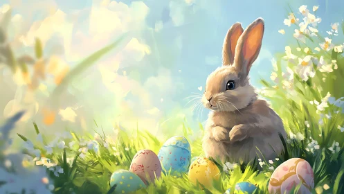 Cute bunny in spring grass with painted Easter eggs.
